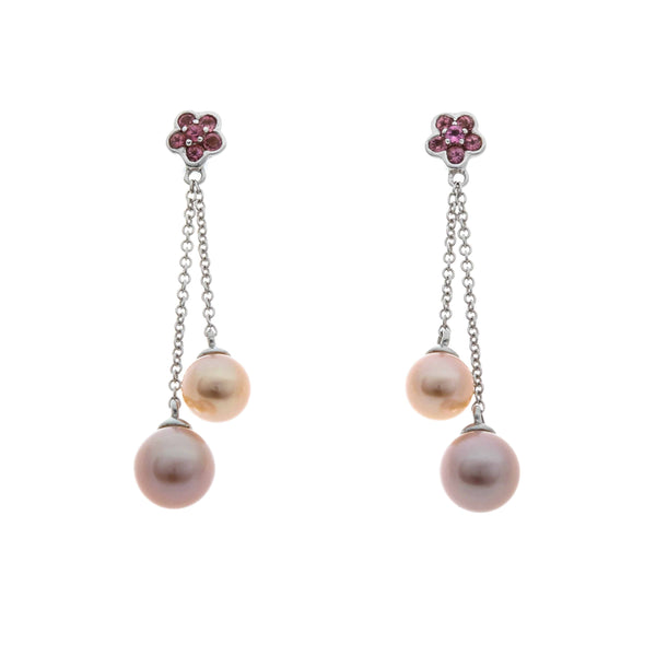 14k White Gold Pearl & Pink Stone Esmeralda Earrings