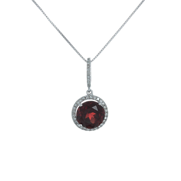 14k White Gold Round Halo Diamond & Garnet Necklace