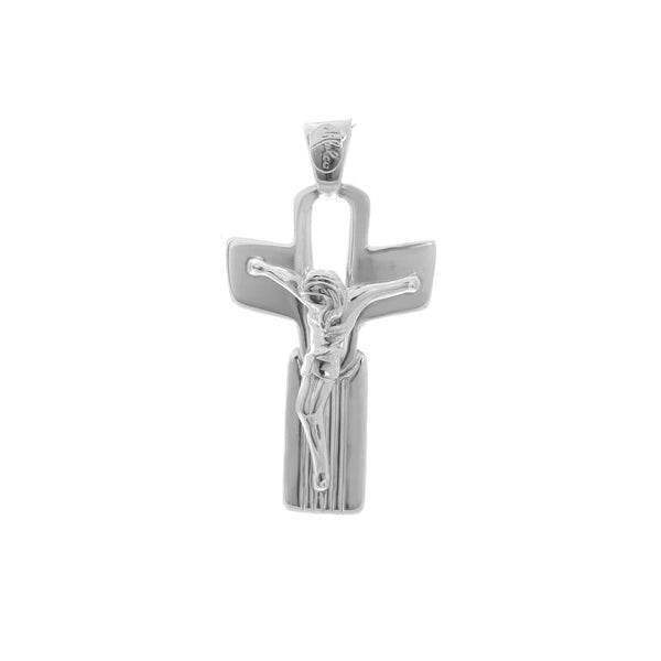 18k White Gold Cross High Polish Lined Jesus Pendant