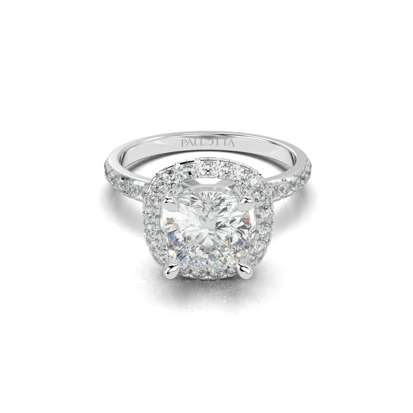 18K White Gold Ginette Cushion Halo Engagement Ring - Rings