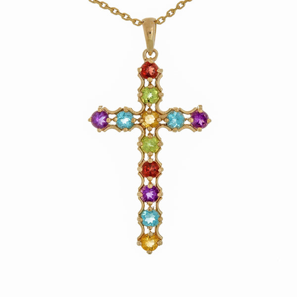 18k Yellow Gold Fancy Gemstone Cross Italian Necklace