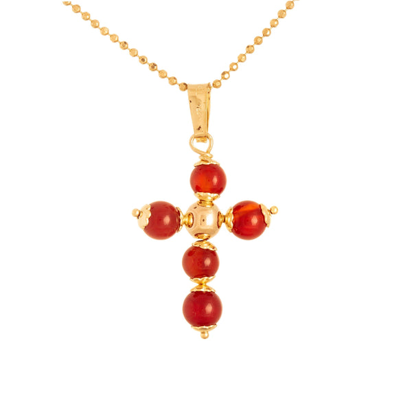18k Yellow Gold Red Coral Cross Italian Necklace